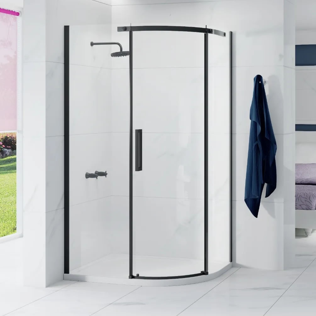 Lifestyle image of Merlyn Ionic Essence Frameless Matt Black 1200 x 900mm Offset Shower Quadrant
